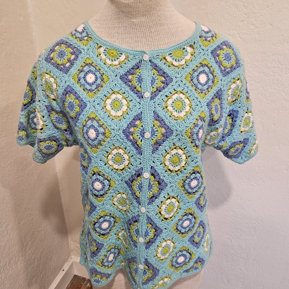 Vtg Marisa Christina Colorful Crochet Knit Cardigan Top Granny Square Women’s S